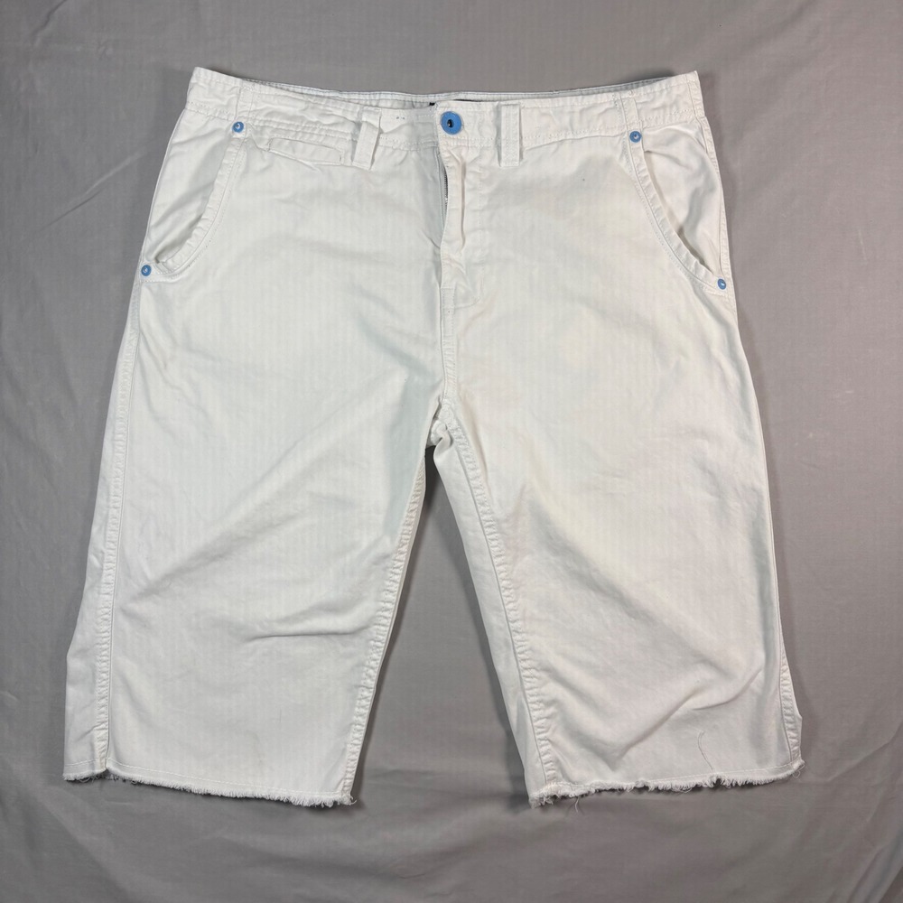 VTG Marc Ecko Cut & Sew Mens 36 White Denim Shorts Raw Hem Y2K Streetwear Skater